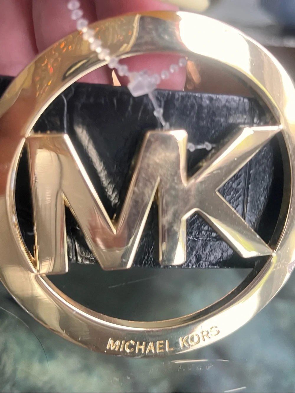 Michael Kors Black Croc-Embossed Leather Belt with Gold MK Circle Buckle
